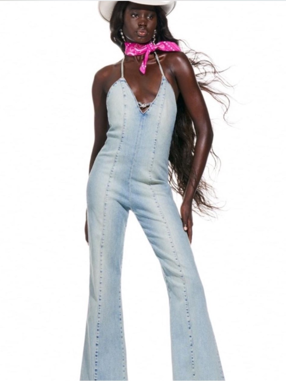 ZARA Barbie Collection Flare Denim Halter Jumpsuit NWOT